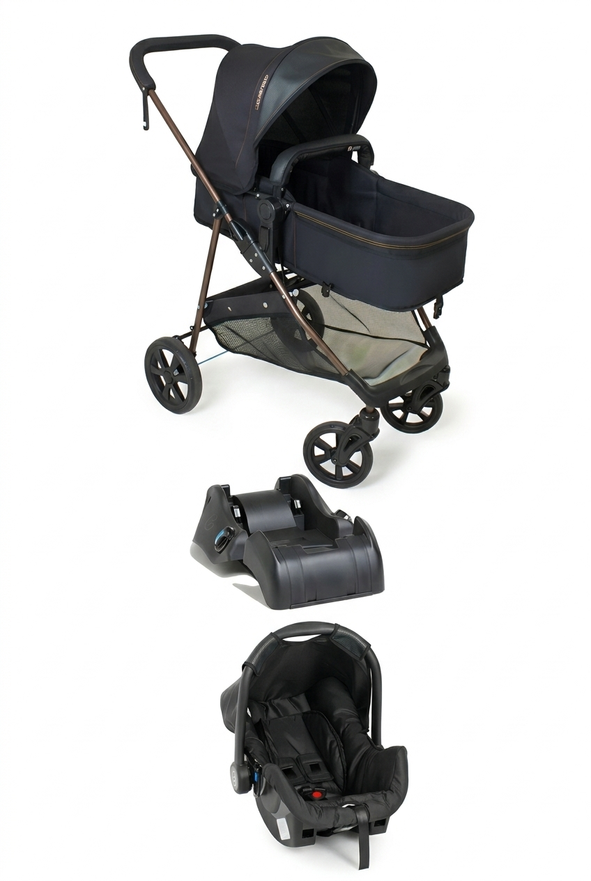 carrinho de bebê com bebê conforto e base completo