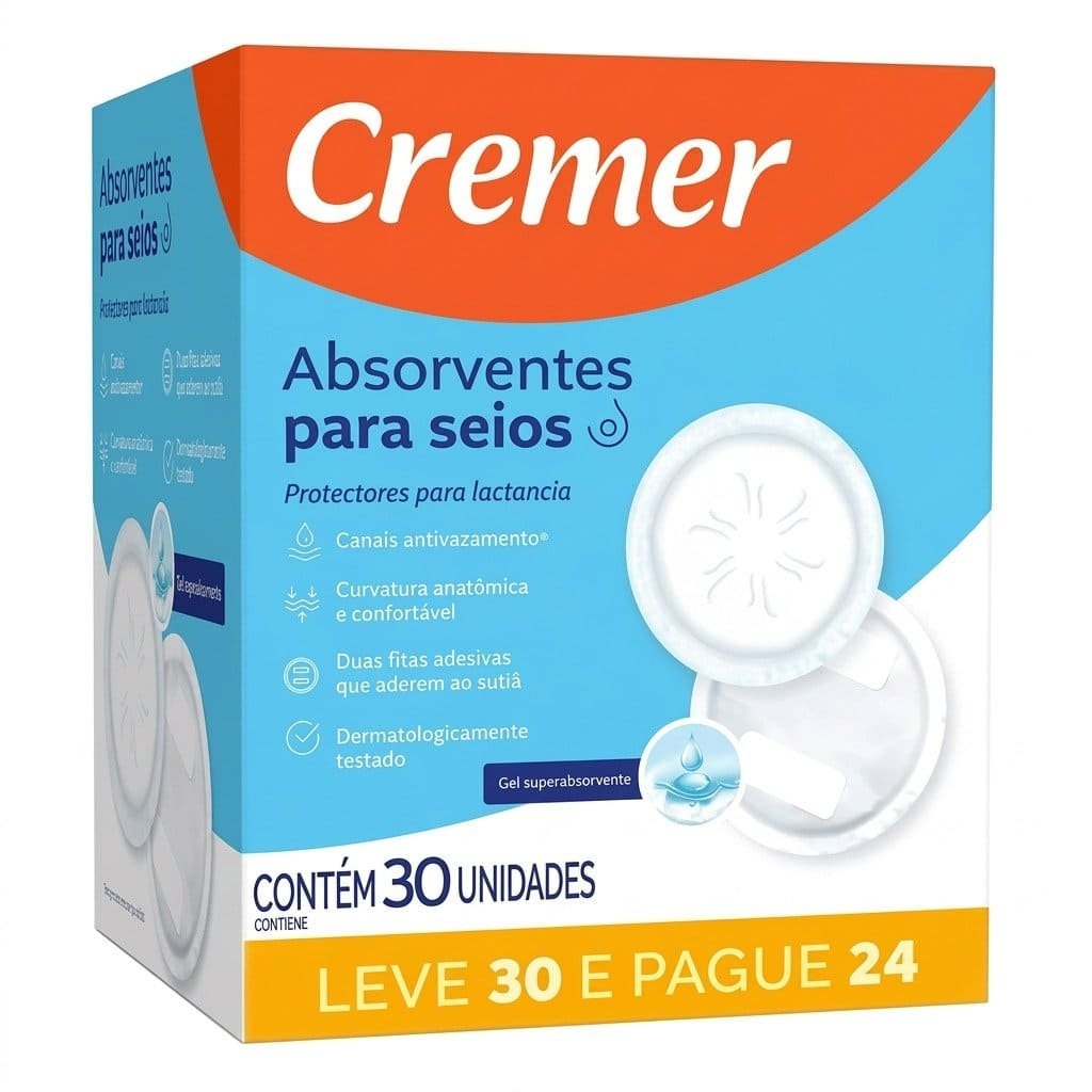 Absorvente para seios Cremer descartável com gel superabsorvente e proteção antivazamento para amamentação