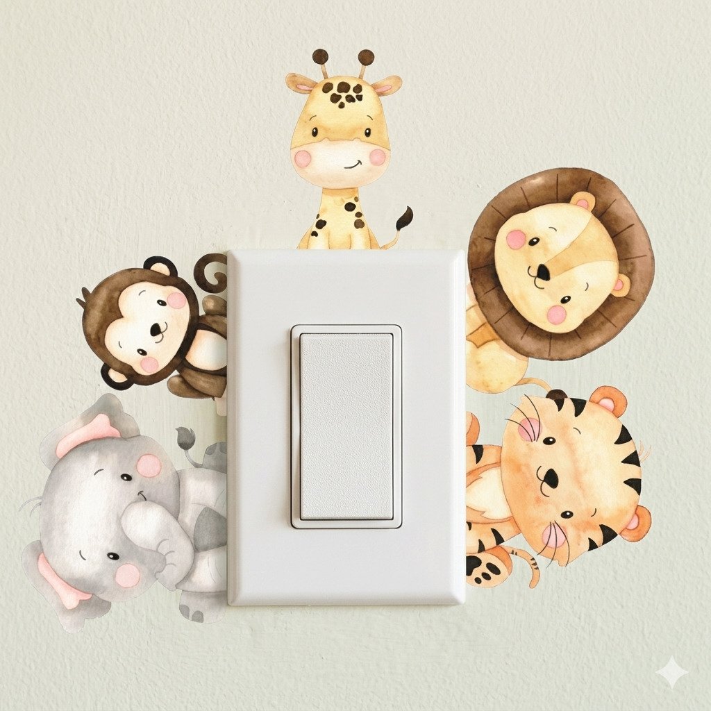 adesivo decorativo safari interruptor quarto de bebê com girafa leão elefante e macaco