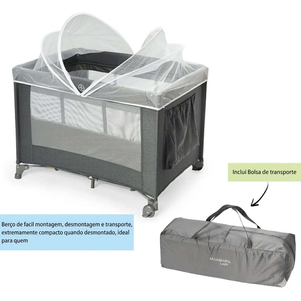 berço portátil bebê lazy maxi baby grafite com mosquiteiro e bolsa dobrável 0 a 15kg