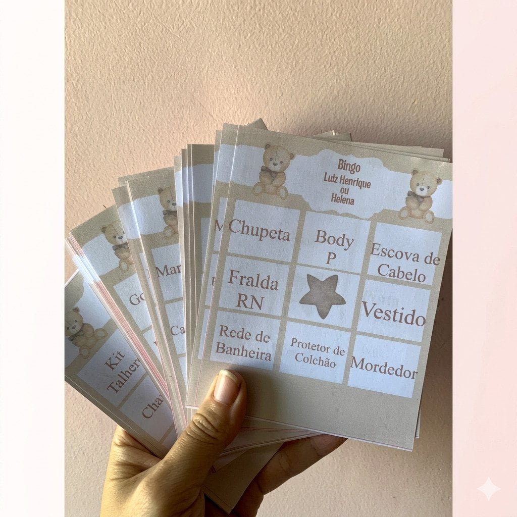 Bingo personalizado chá de bebê com nome cartela brincadeira chá revelação tema ursinho