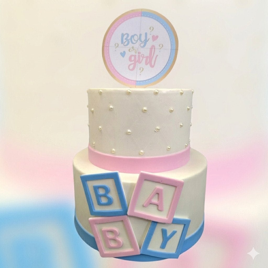 Bolo fake chá revelação boy or girl azul e rosa decoração baby shower
