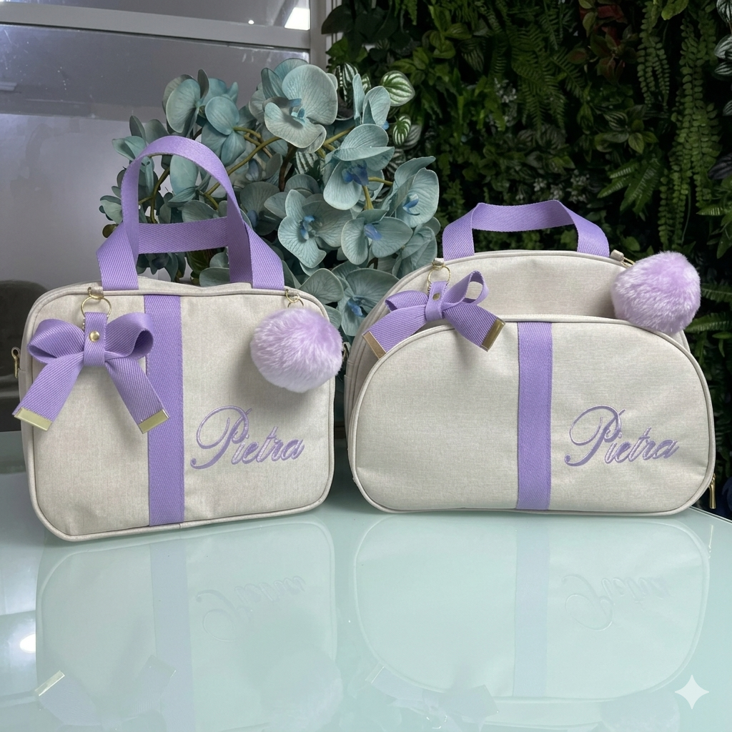 bolsa maternidade pequena personalizada com nome lilás bebê saída maternidade