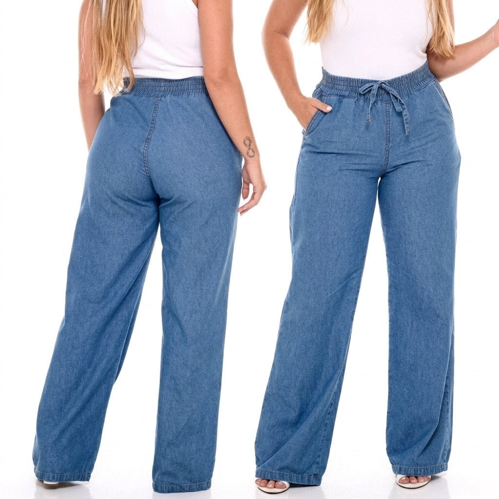 calça jeans gestante pantalona confortável cintura alta elástica gravidez