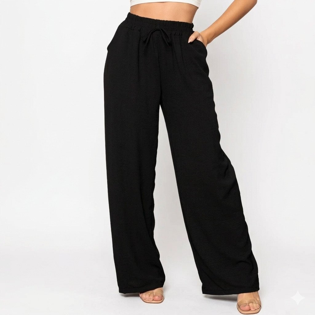 calca pantalona feminina preta confortavel gestante e pos parto cintura elastica soltinha