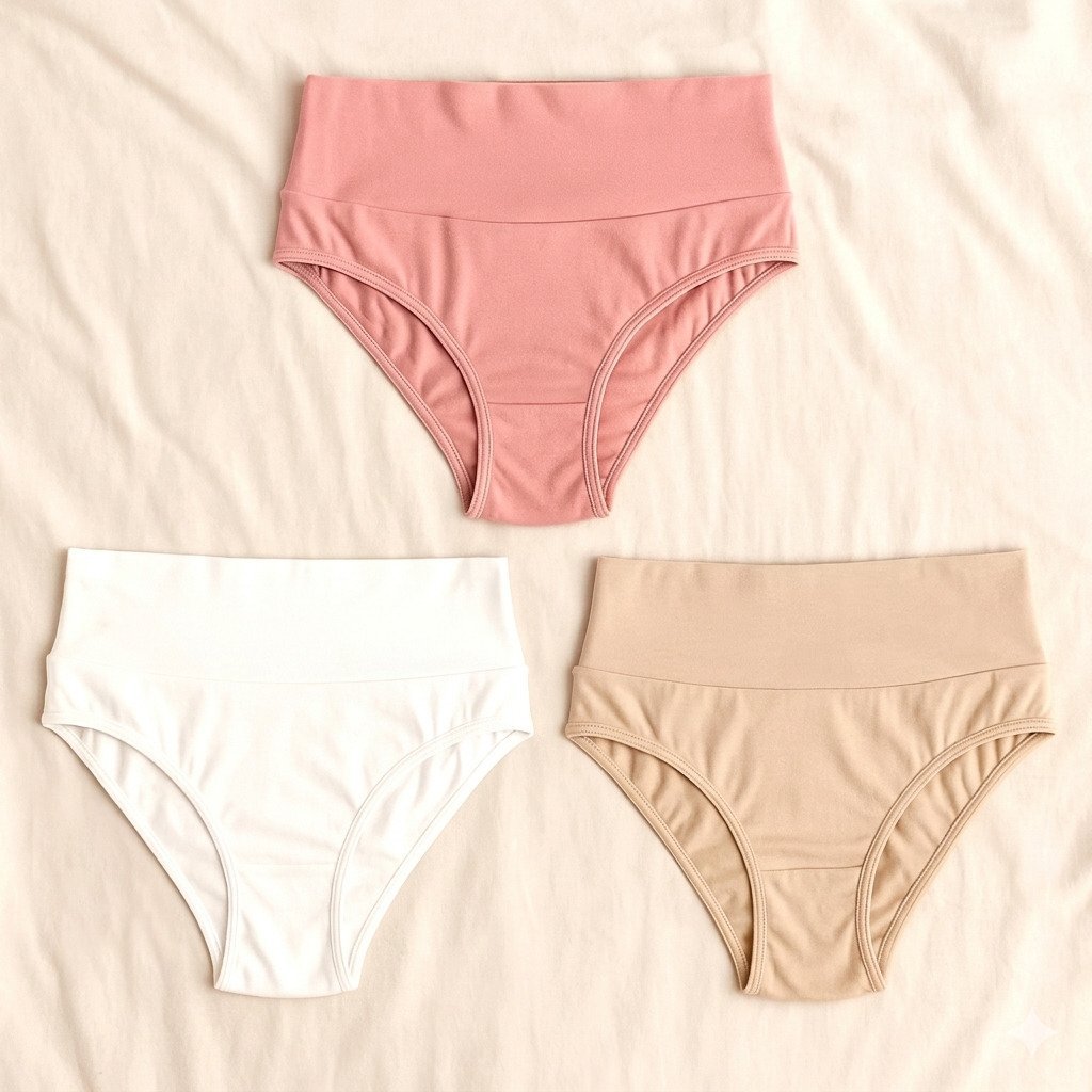 Kit com 3 calcinhas gestante cintura alta nas cores rosa, bege e branco, ideais para gravidez e pós-parto com conforto e ajuste suave