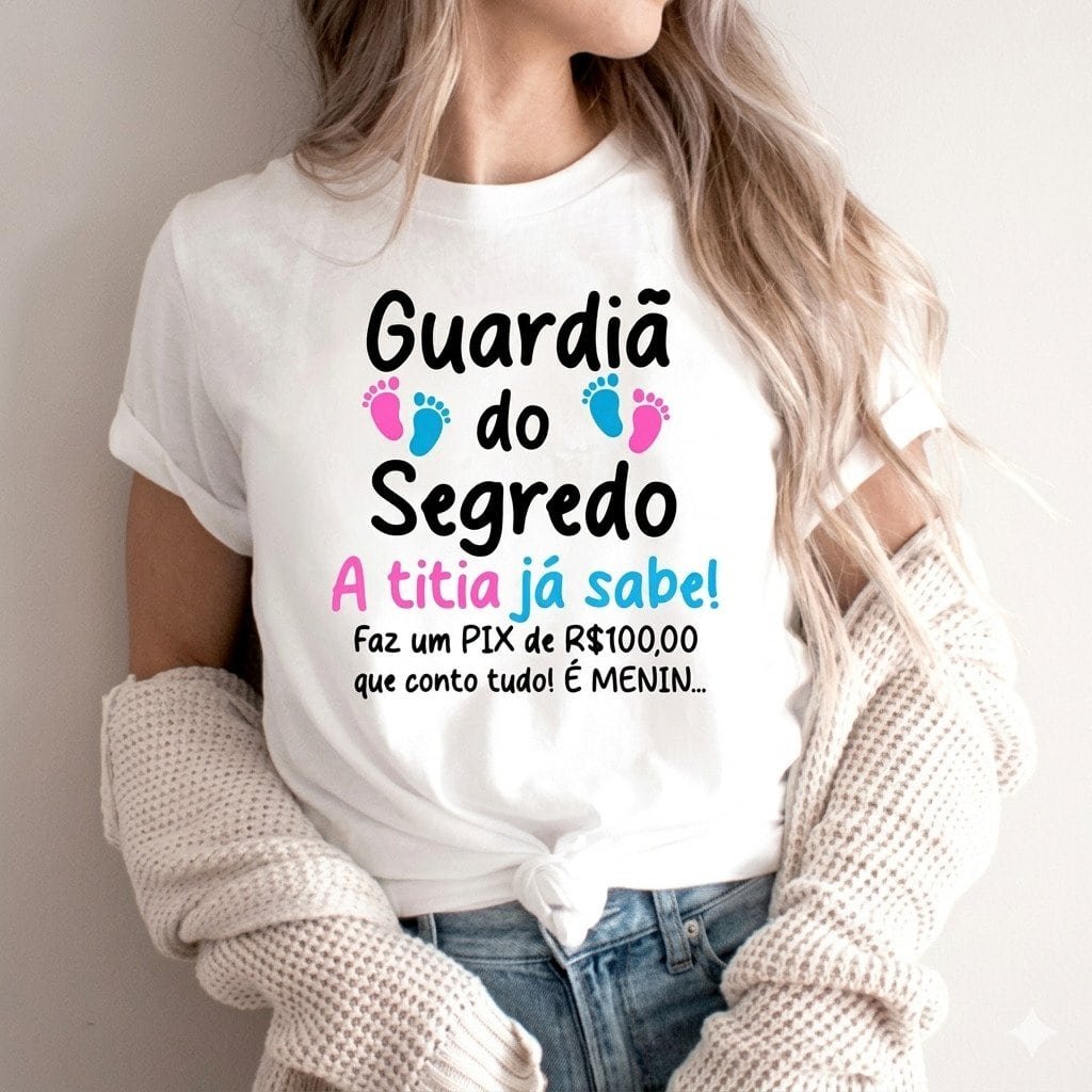 Camiseta chá revelação guardião do segredo titia já sabe com estampa divertida rosa e azul