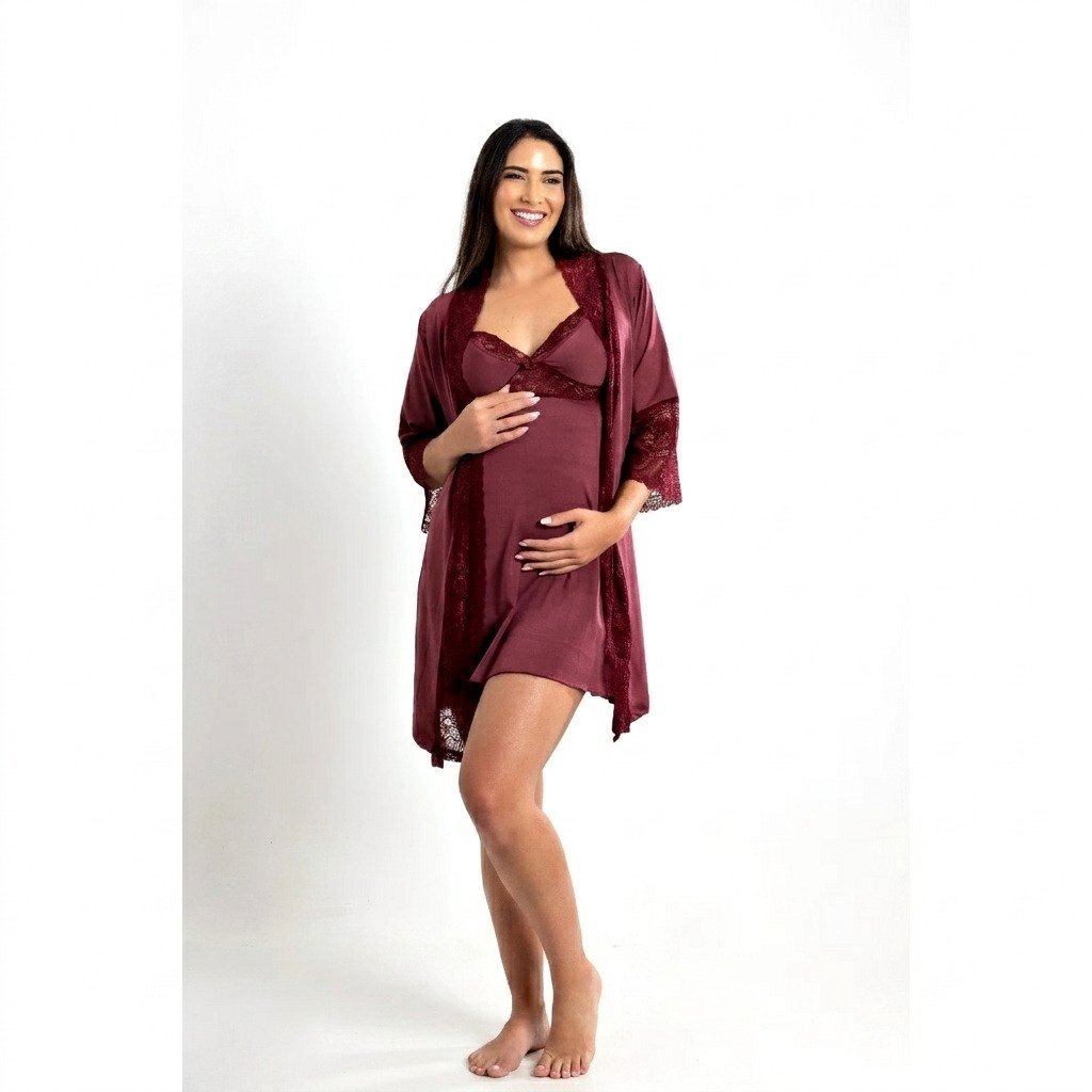 Camisola gestante com robe renda vinho para amamentação confortável pós parto