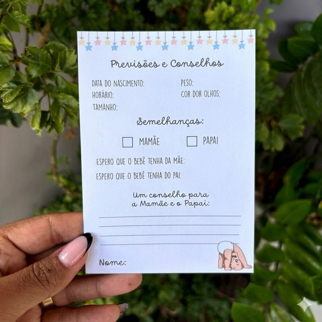cartão previsões e conselhos chá de bebê brincadeira interativa convidados palpite bebê lembrança chá revelação