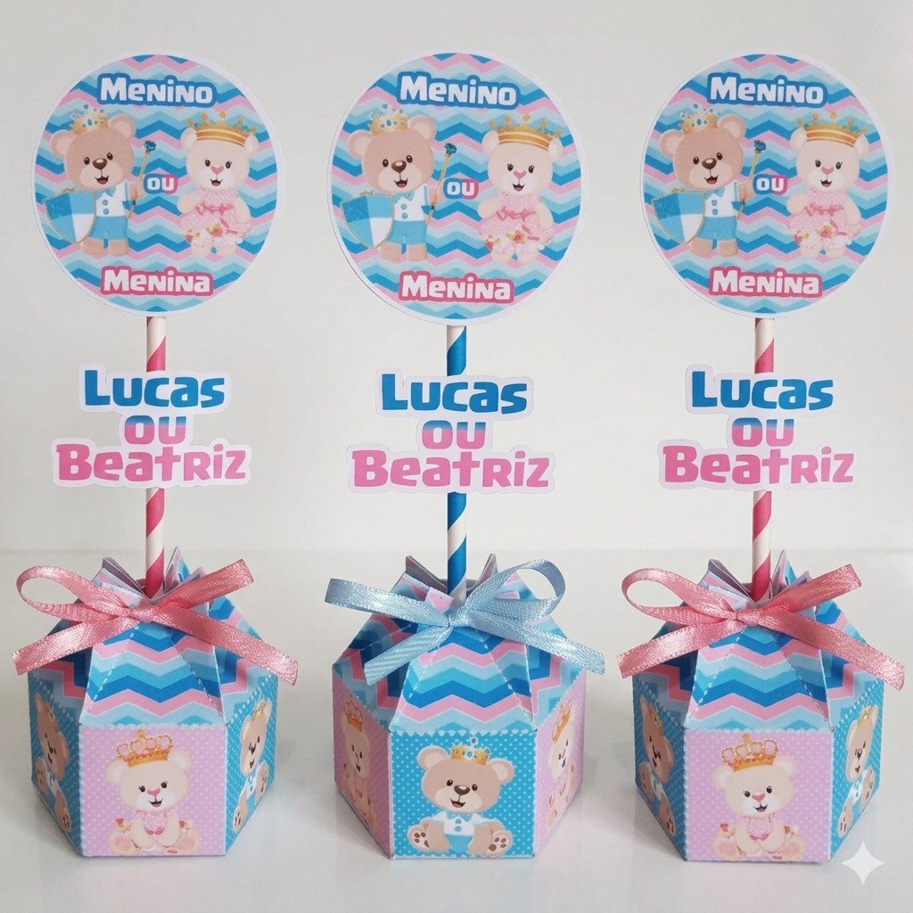 Centro de mesa personalizado chá revelação ursinho azul e rosa com nome do bebê decoração festa