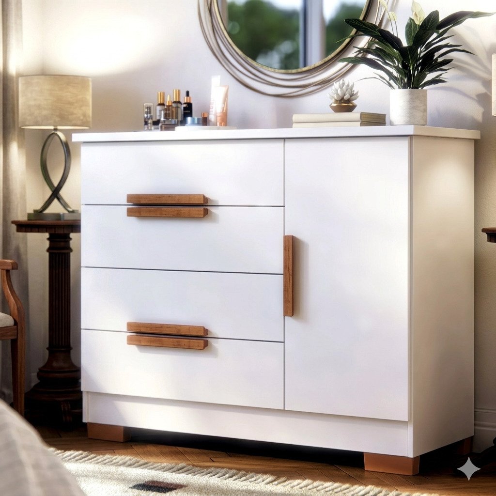 cômoda de bebê infantil branca 4 gavetas com porta madeira quarto de bebê moderna