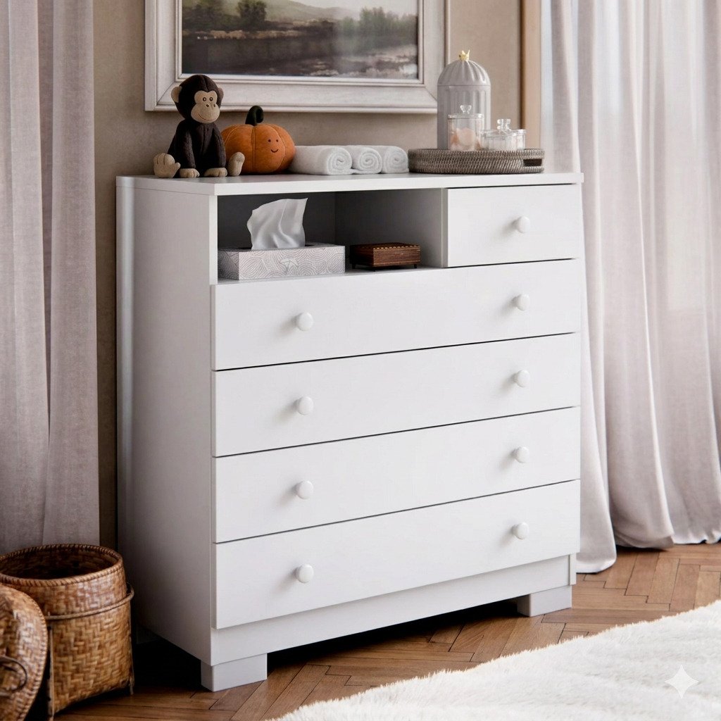 cômoda para quarto de bebê branca com 5 gavetas e nicho organizador infantil