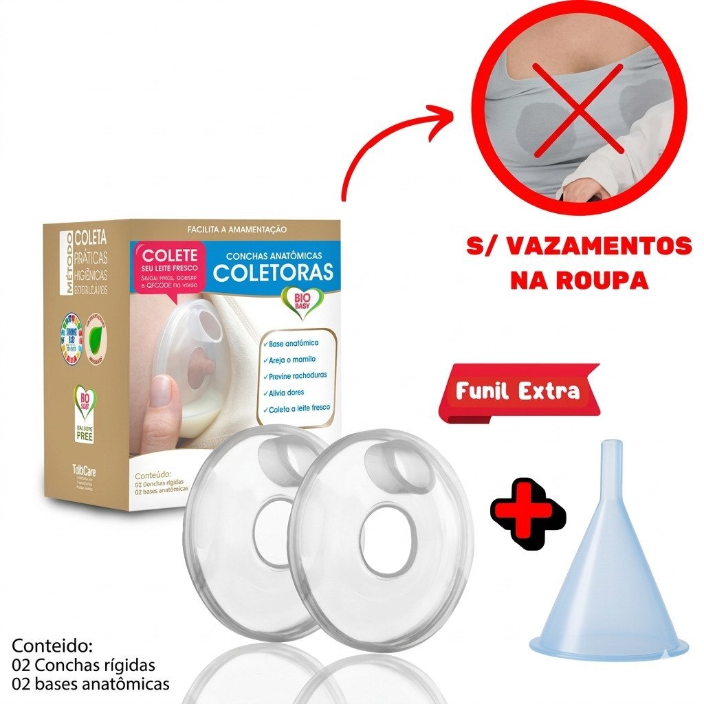 Conchas coletoras de leite materno com funil extra para evitar vazamentos na roupa durante a amamentação