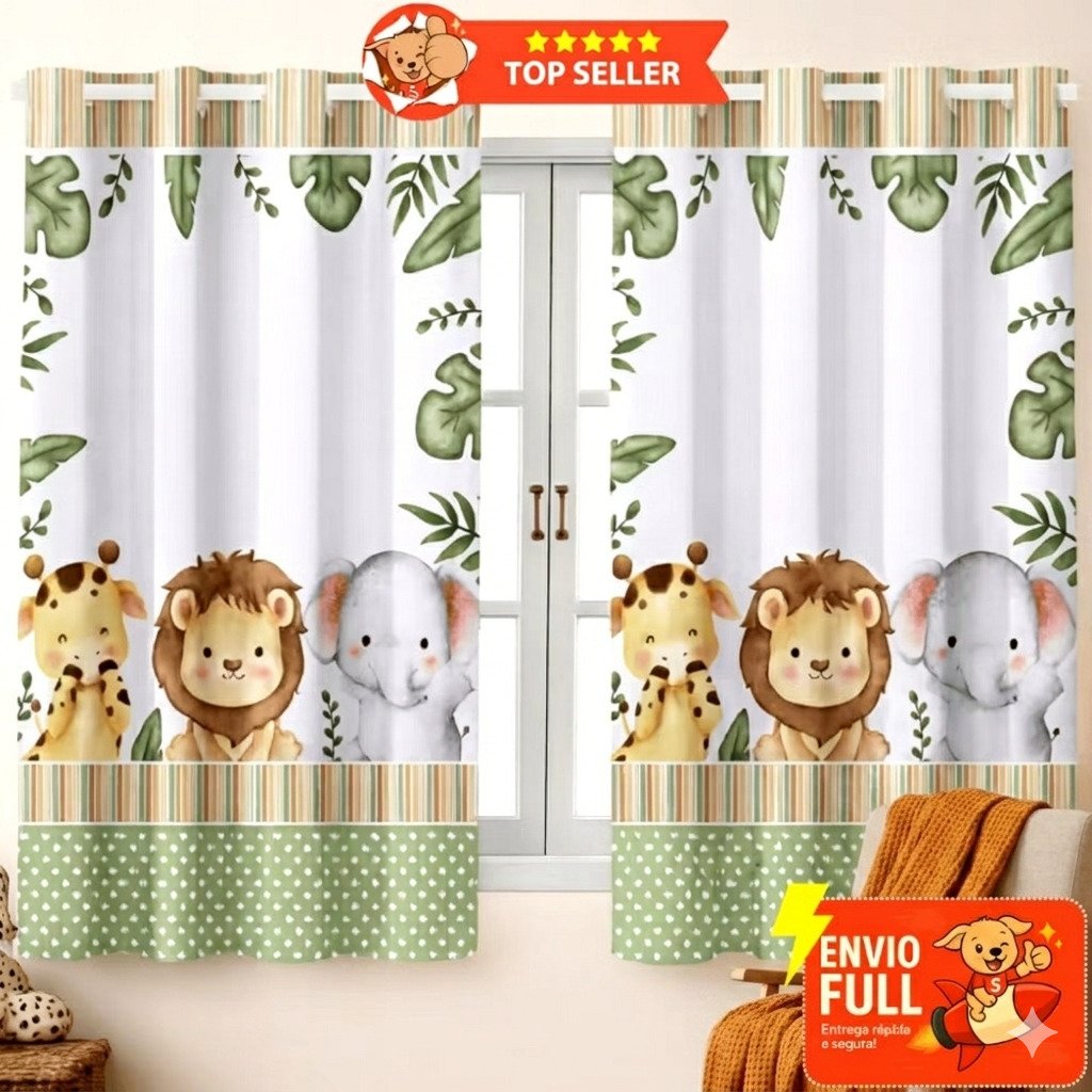 Cortina para quarto de bebê safari 2,00x1,50 com estampa de girafa leão elefante decoração infantil