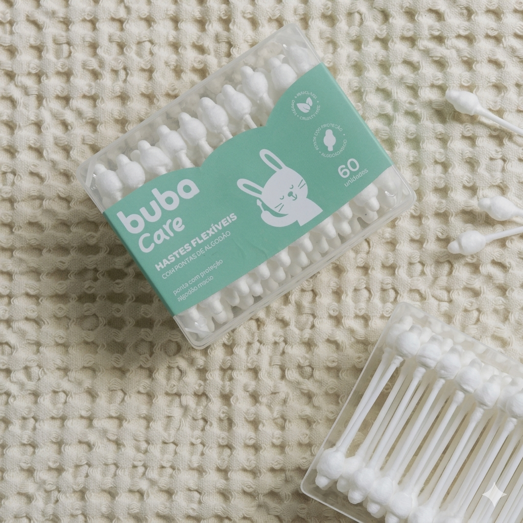 cotonete buba baby algodao macio com protecao ouvido bebe 60 unidades