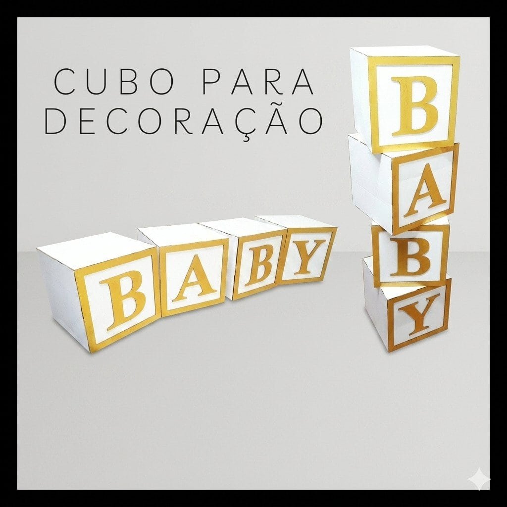 cubo baby decorativo branco e dourado para chá de bebê e chá revelação decoração mesa festa