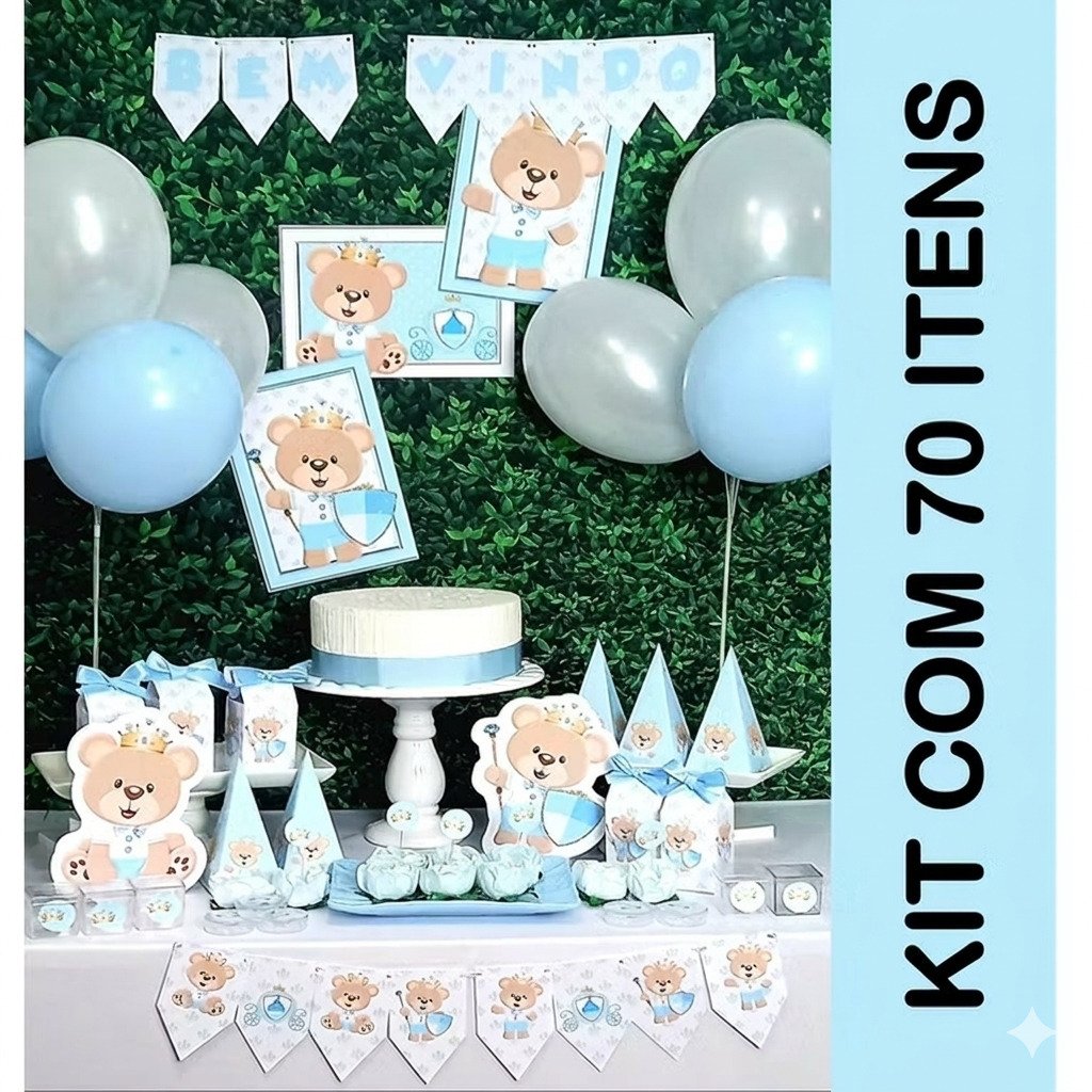 decoração chá de bebê ursinho azul kit completo festa bebê 70 itens painel balões lembrancinhas