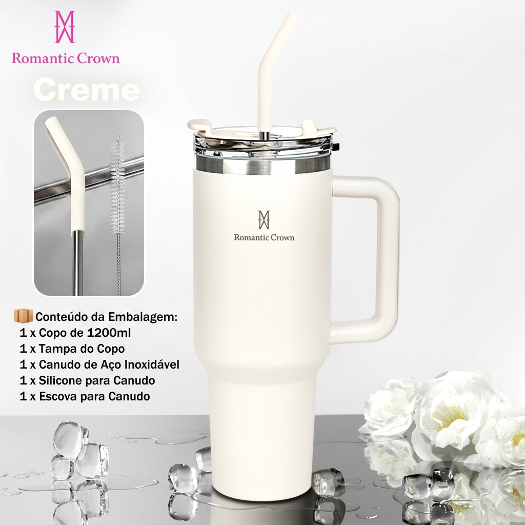 Garrafa térmica 1200ml com canudo inox para maternidade e amamentação na cor creme