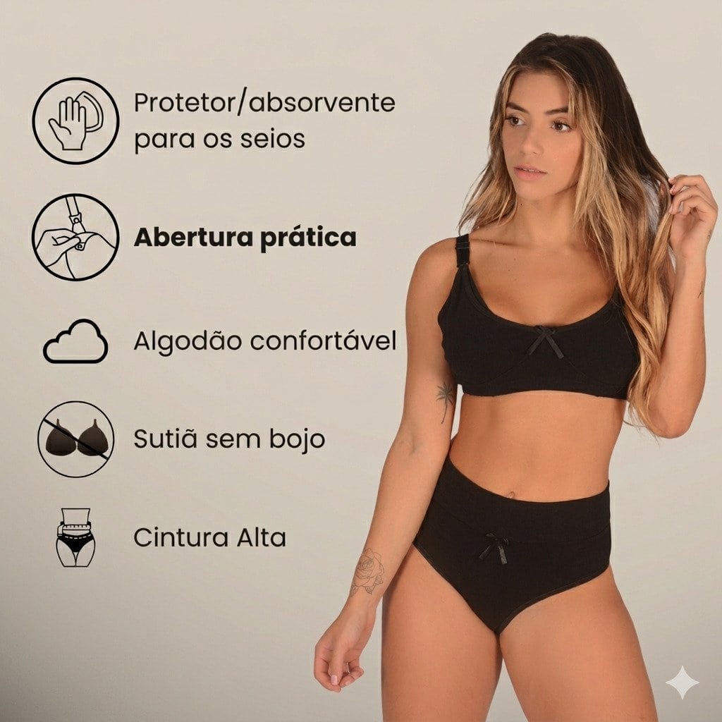 kit 3 conjuntos amamentação sutiã sem bojo calcinha alta pós parto confortável algodão