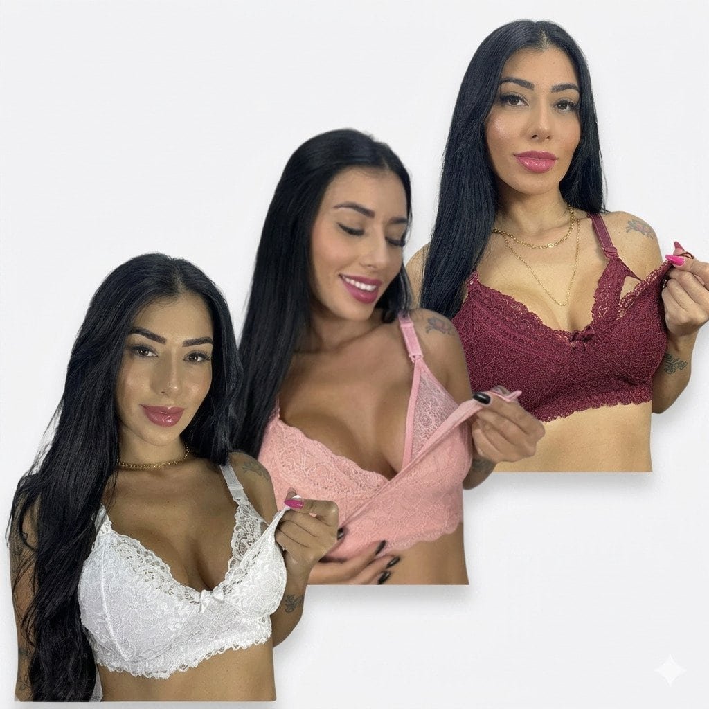 sutia de amamentacao renda kit com 3 cores abertura frontal facil gestante pos parto confortavel