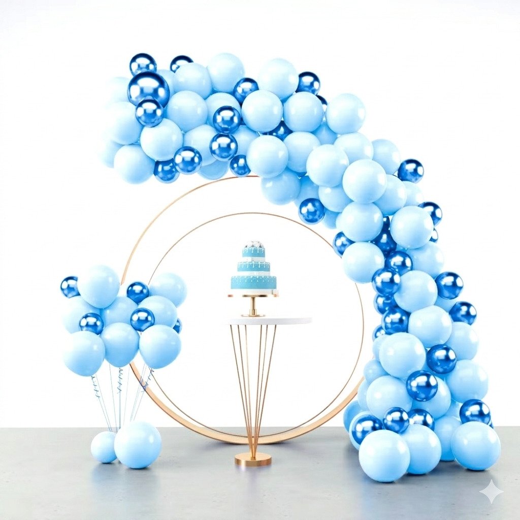kit 75 balões azul claro e azul metalizado arco desconstruído decoração chá de bebê