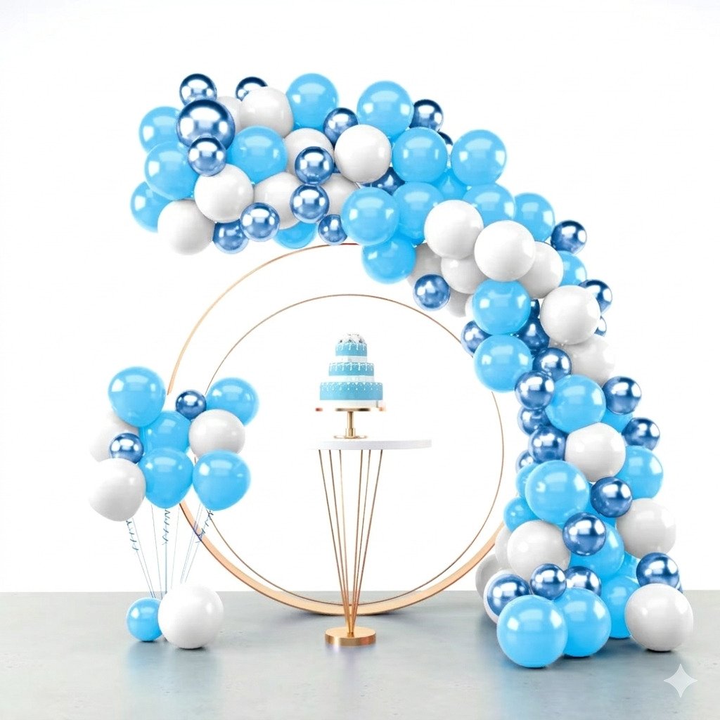 Kit 125 balões azul claro branco e azul metalizado decoração chá de bebê menino arco de balões