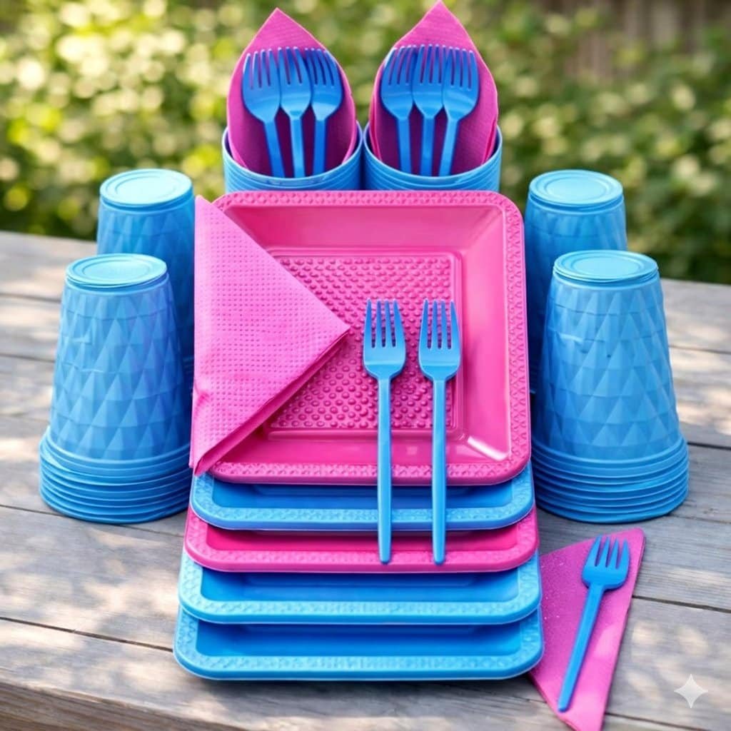 kit descartáveis chá de bebê rosa e azul 230 itens completo festa bebê revelação