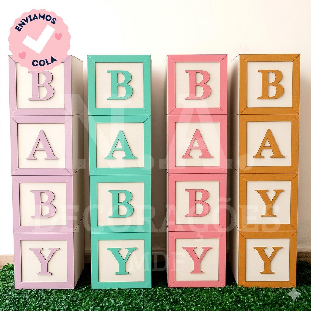 Kit cubos BABY MDF 20cm decoração chá revelação e chá de bebê com letras baby coloridas