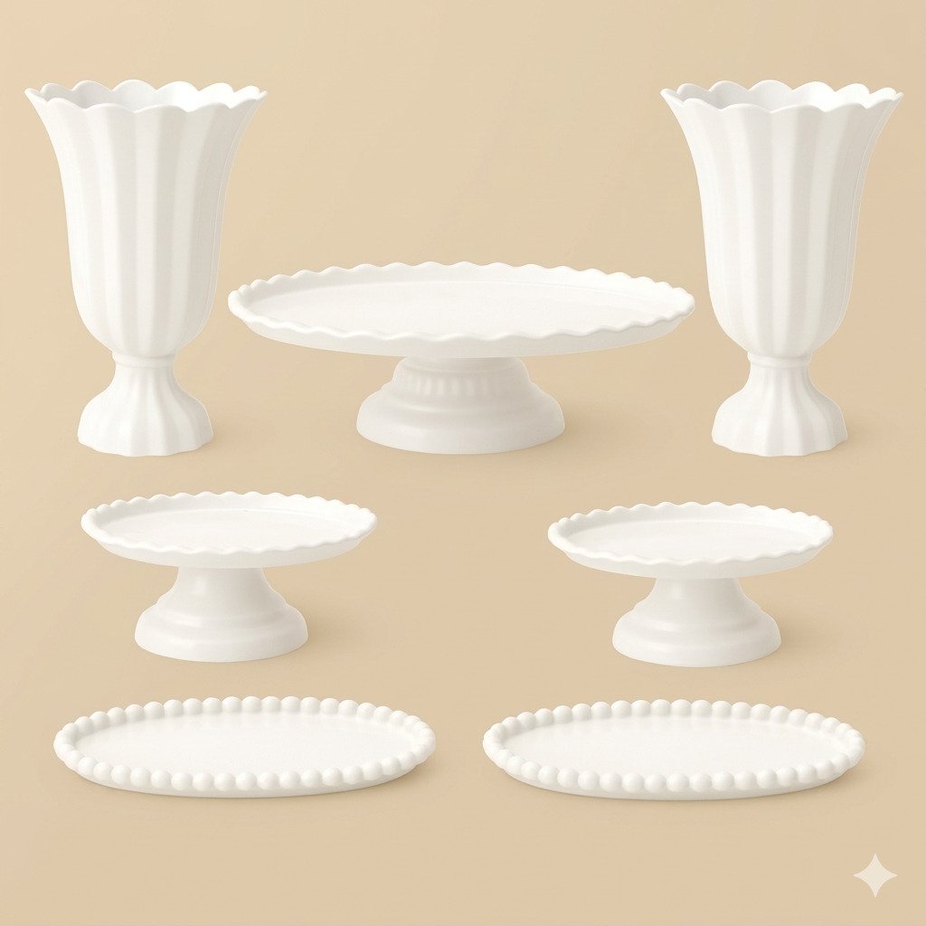 kit decoração festa branco com bandejas e vasos para chá de bebê e chá revelação mesa decorada clean