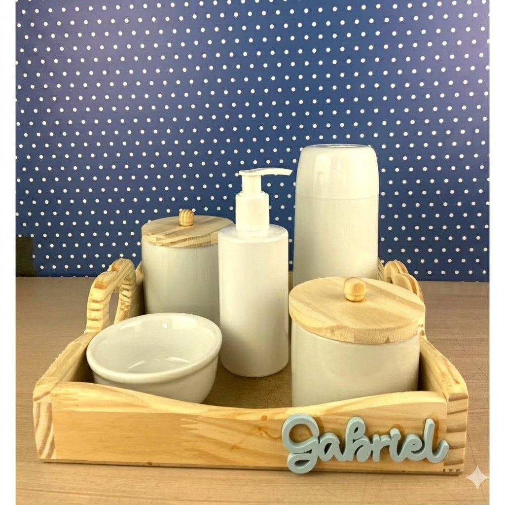kit higiene bebê completo porcelana bandeja pinus personalizado decoração quarto bebê