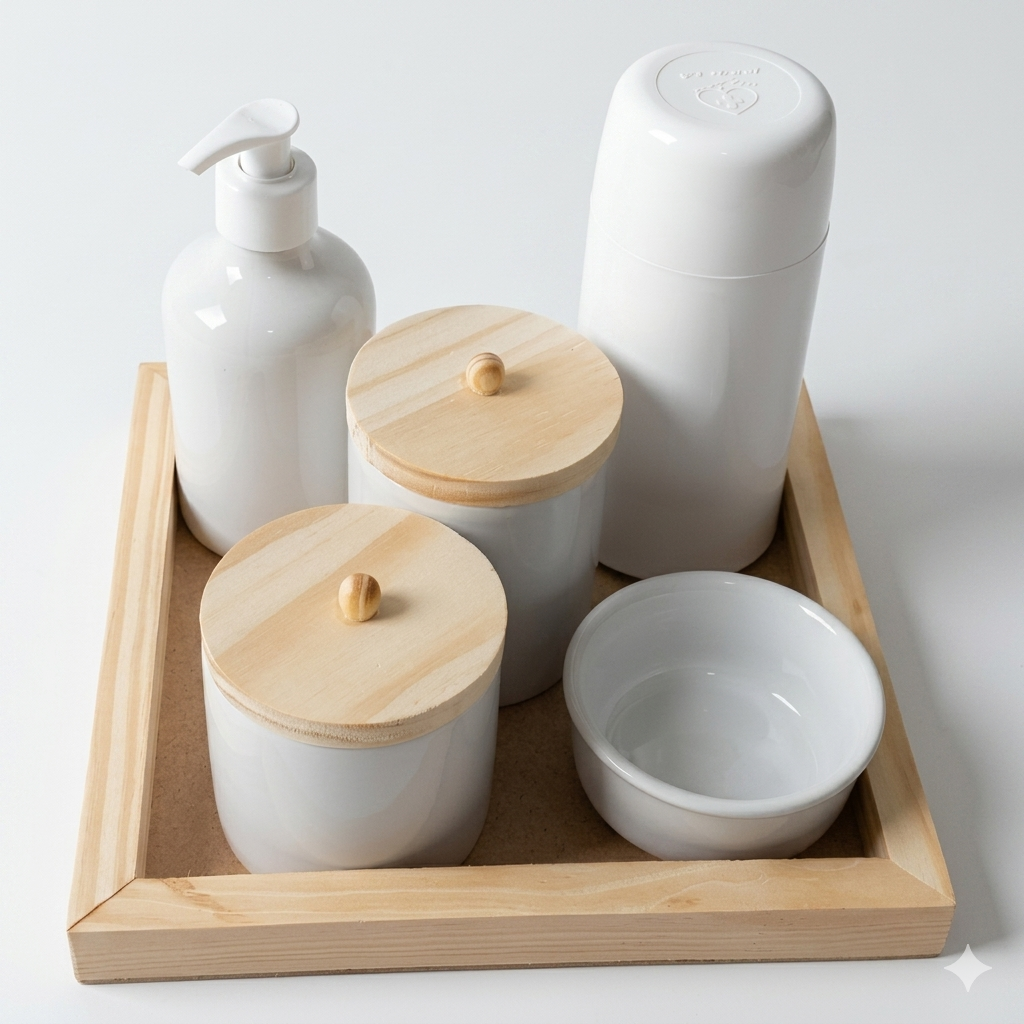kit higiene bebê completo porcelana branco porta algodão sabonete líquido bandeja madeira