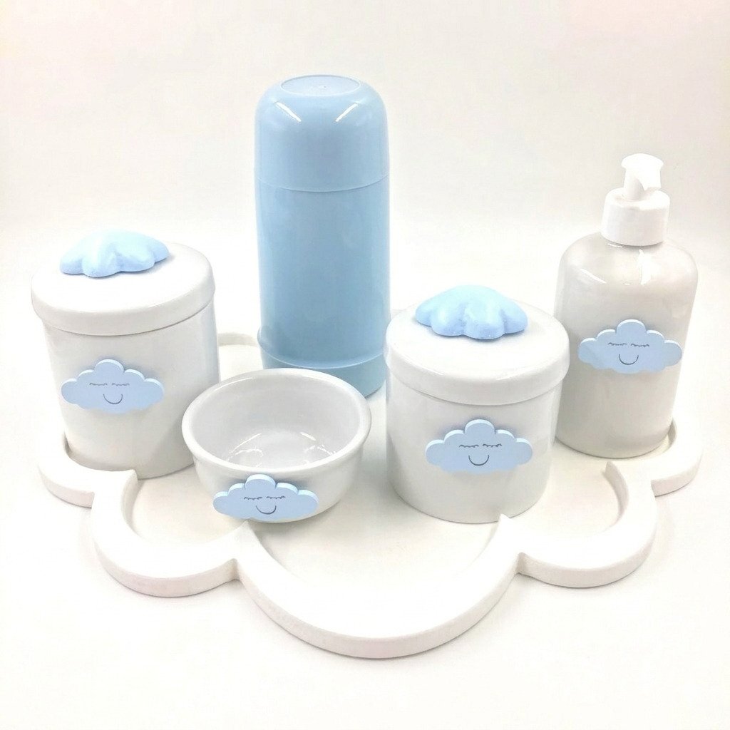 kit higiene bebê completo porcelana com nuvem azul itens organização trocador bebê