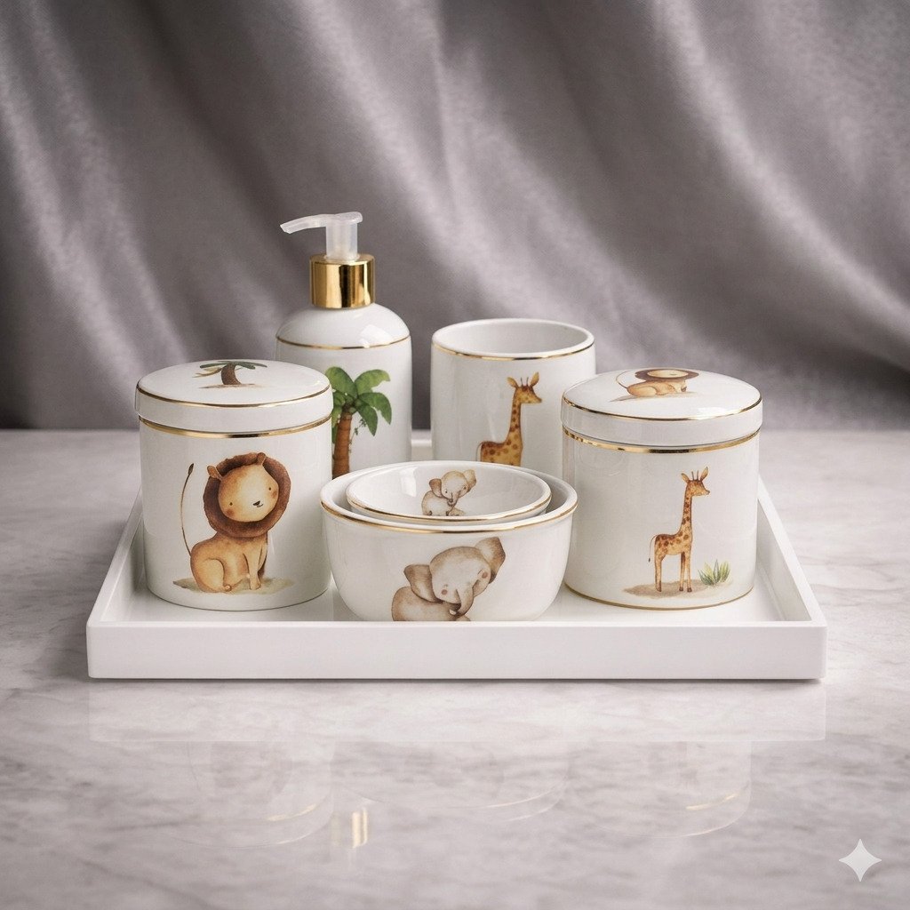kit higiene bebê safari luxo porcelana decorado com bandeja organização bebê