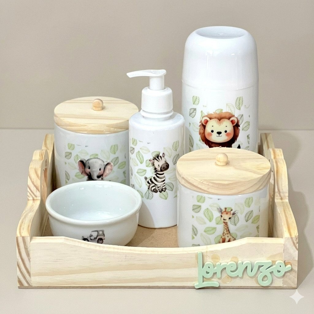 kit higiene bebê completo safari com pote pump garrafa térmica e bandeja madeira