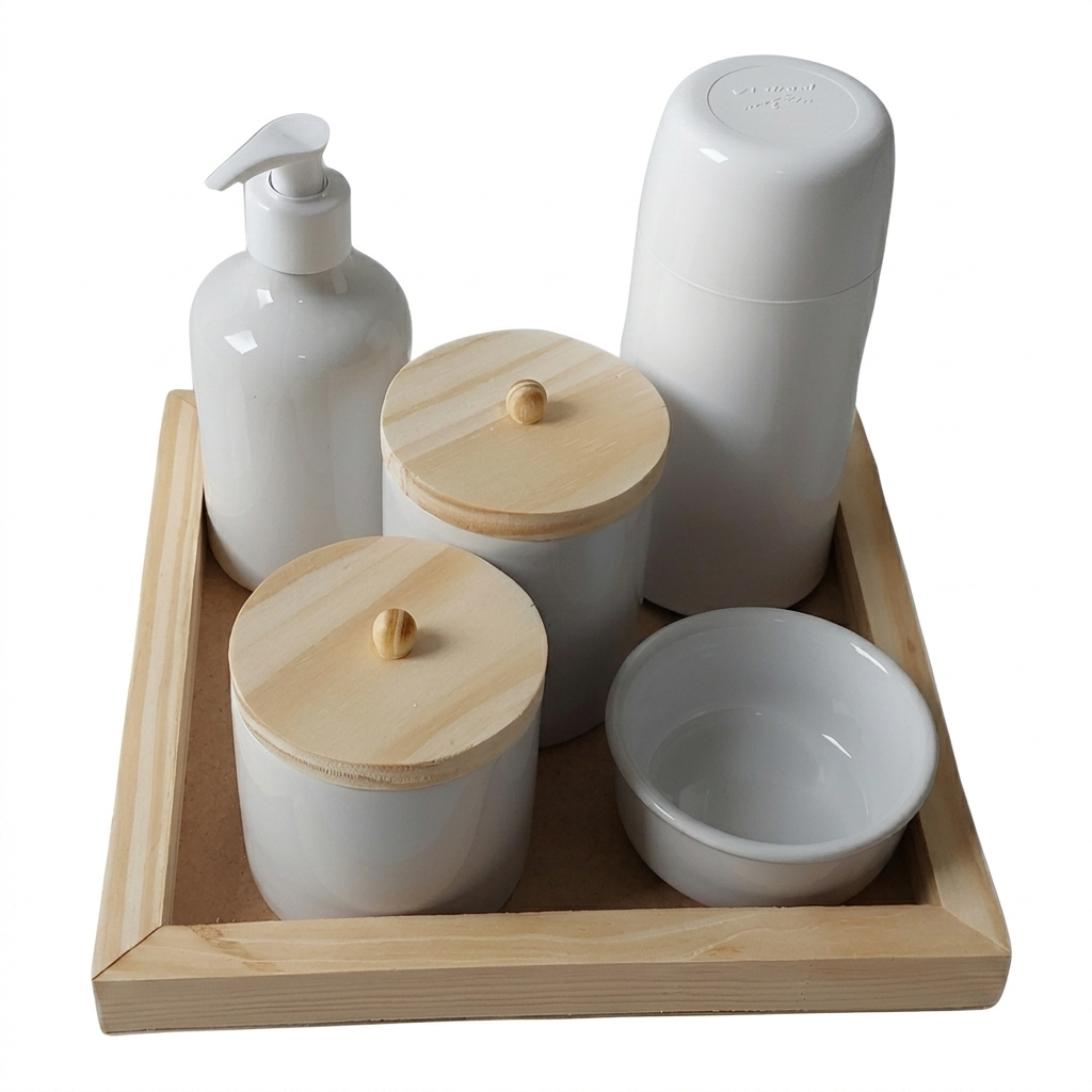 kit higiene bebê porcelana com tampa de madeira bandeja organizadora fralda cotonete algodão