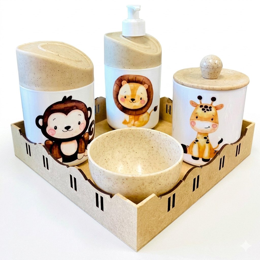 kit higiene bebê safari com bandeja mdf porta sabonete pote decorativo quarto infantil