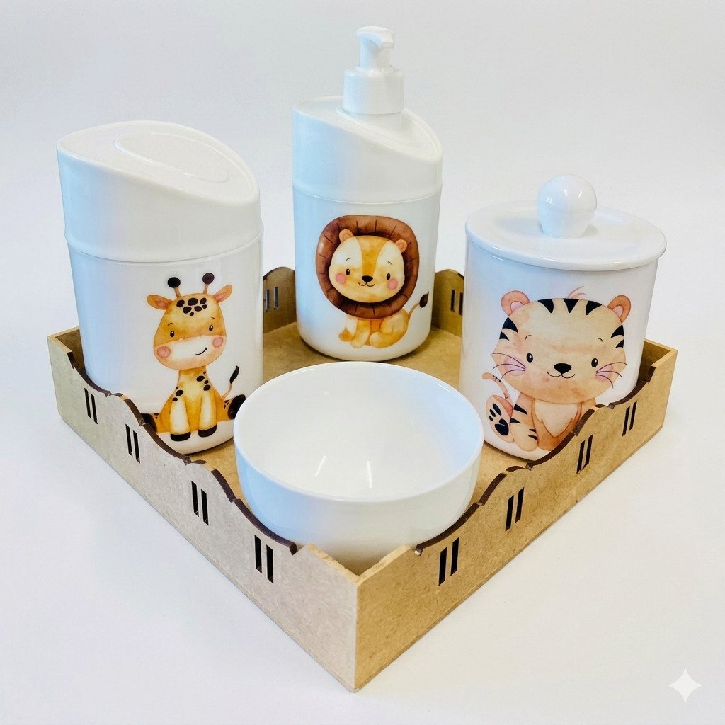 kit higiene bebê safari com bandeja mdf cru potes sabonete decoração quarto infantil