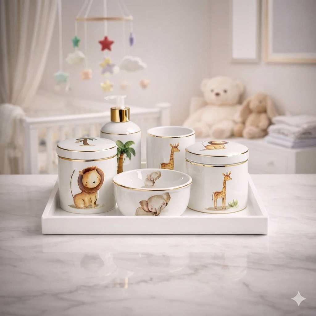 kit higiene bebê safari porcelana filete de ouro luxo decoração quarto bebê completo