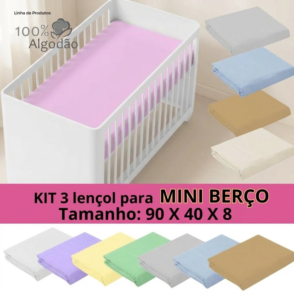kit 3 lençol mini berço 90x40 algodão com elástico cores variadas bebê