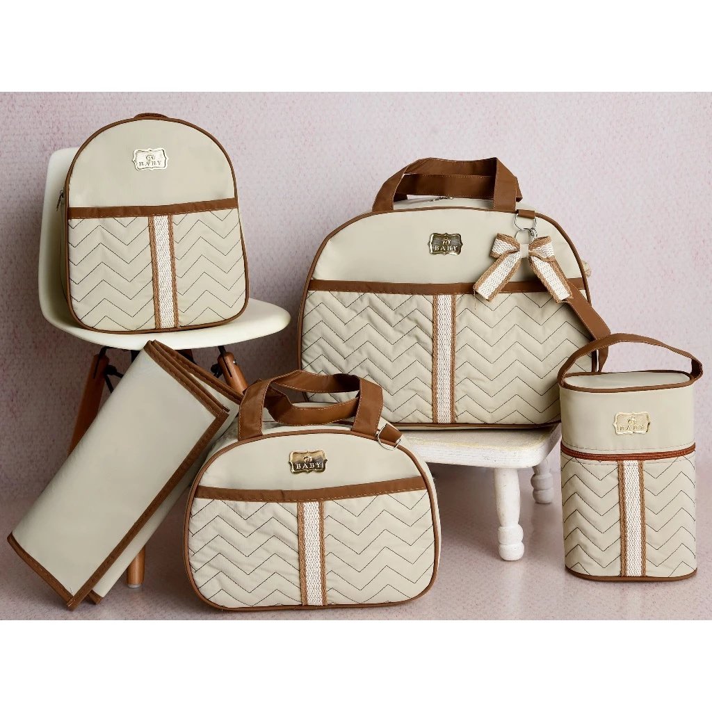 kit mala maternidade 5 peças mochila bolsa trocador porta mamadeira impermeável bege