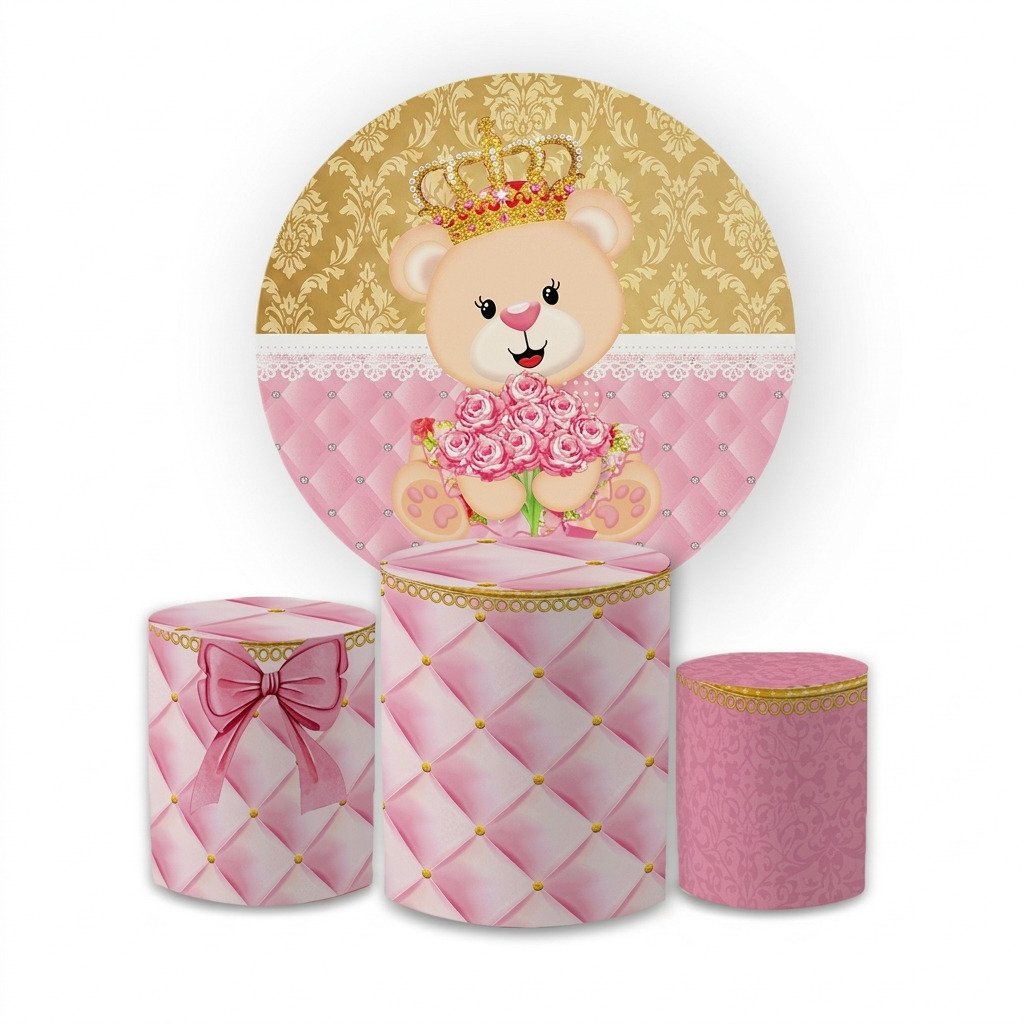 kit painel redondo ursinha princesa 1,5m com capas cilindros rosa e dourado decoração chá de bebê menina