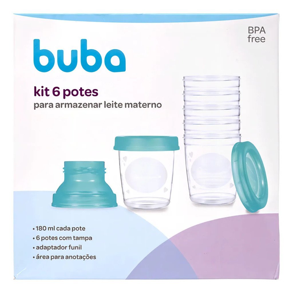 kit 6 potes buba para armazenar leite materno 180ml com tampa e funil bpa free