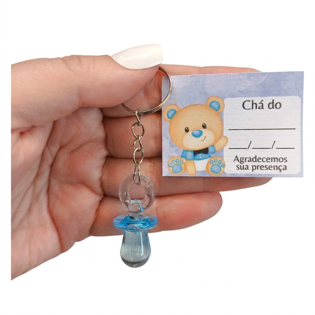 lembrancinha chá de bebê chaveiro chupeta azul com tag ursinho personalizada