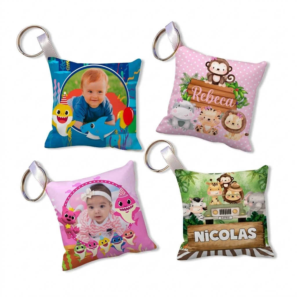 lembrancinha maternidade personalizada almofada chaveiro com nome e foto do bebê