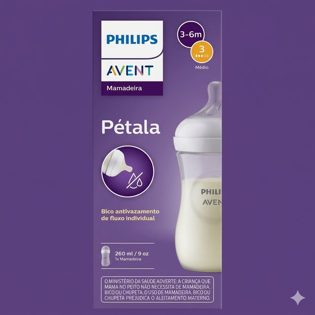 Mamadeira Philips Avent Pétala 260ml fluxo médio 3-6 meses com bico antivazamento