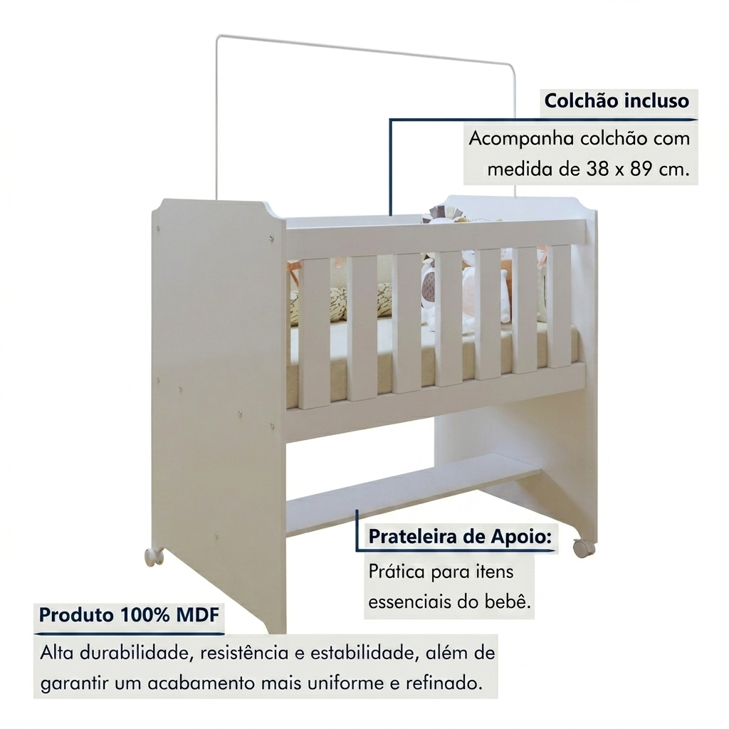 Mini berço branco com colchão incluso Tigus Baby com rodinhas e prateleira ideal para recém nascido