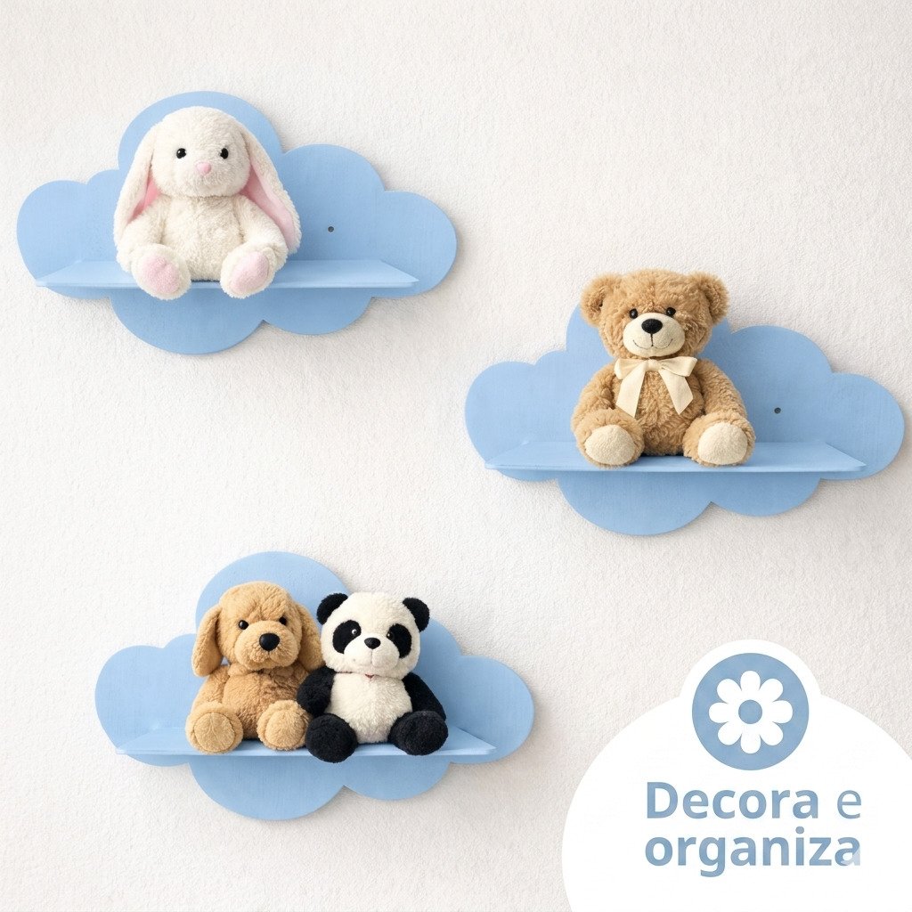 nicho prateleira nuvem mdf quarto de bebê azul com pelúcias decoração infantil