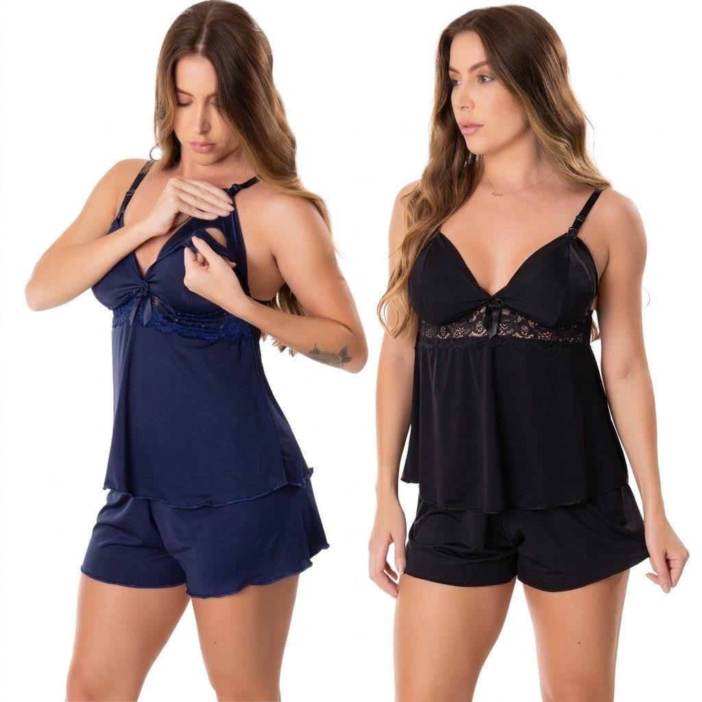 Pijama amamentação com renda e abertura frontal fácil, baby doll pós-parto confortável com short e alça clip para amamentar