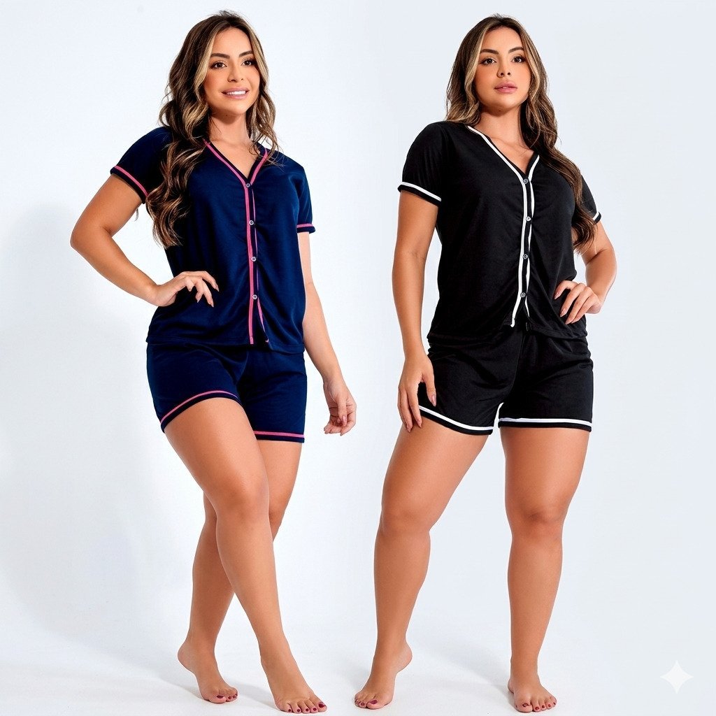 pijama americano gestante e amamentação azul marinho com detalhe rosa confortável pós parto