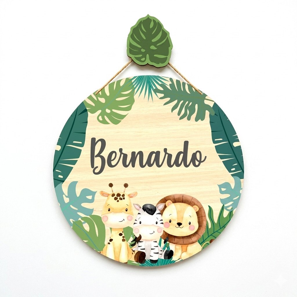 Placa decorativa personalizada com nome Bernardo para quarto de bebê tema safari verde com animais fofos